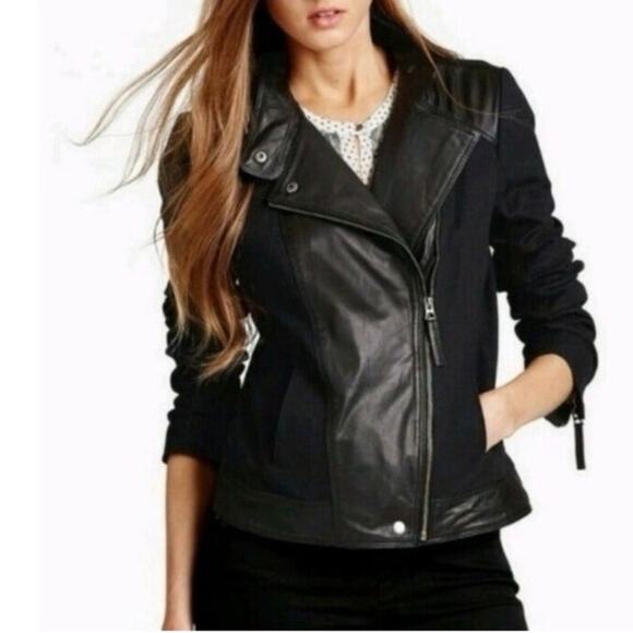 Lucky Brand Leather Moto Jacket Women’s M Goat Leather Cotton Blend Biker Style - Picture 1 of 10
